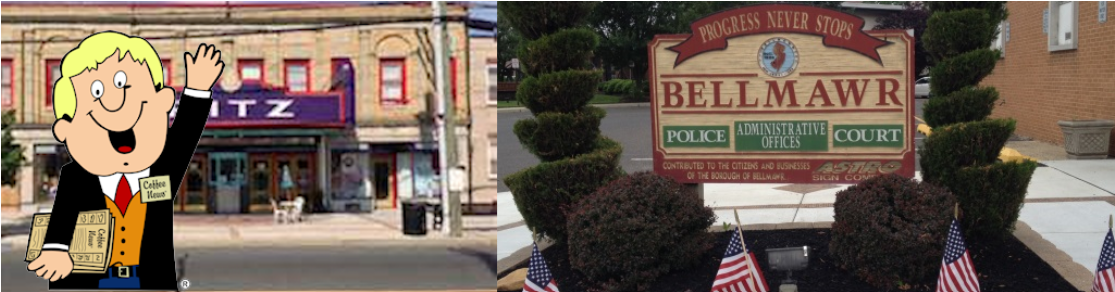 Coffee News mascot in front of the Ritz & Bellmawr town sign