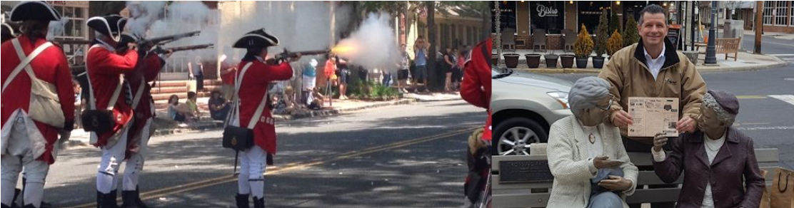 Revolutionary War reenactment & locals reading Coffee News on a bench